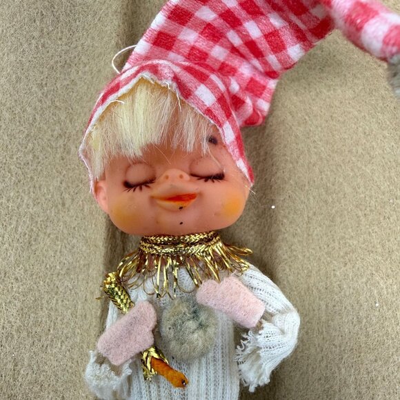 Vintage Christmas Elf Pixie Boy Ornament Red Gingham Stocking Cap Hat Pajamas - Picture 1 of 6